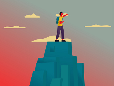 The man climbed onto the rock and is happy to hold his backpack. achievement active background blue cartoon cliff climb climbing clouds concept edge happy high hiking illustration journey leader lifestyle man vector