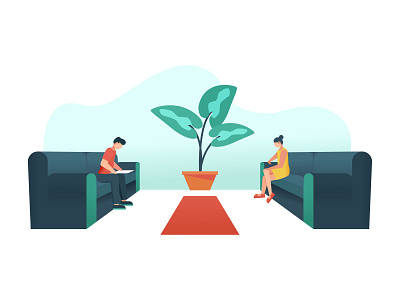 Waiting room. carpet. illustration isometric leafs male man newspaper plants pot reading scrollit page smartphone sofa vector watching woman