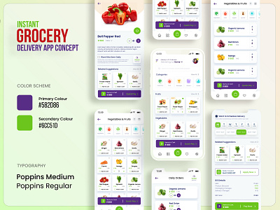 Instant Grocery (Dairy Products, Food & essentials) Delivery App app design app ui branding card design clean ui daily essentials delivery food app food order fruits vegetables grocery app instant delivery ios app design milk minimal mobile app online grocery delivery quick fast ui ux