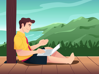 Working On Travel character flat freelance illustration remote travel vector working