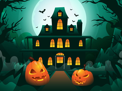 Welcome to The House cartoon event flat graphic design halloween illustration landing page pumpkin scary ui website