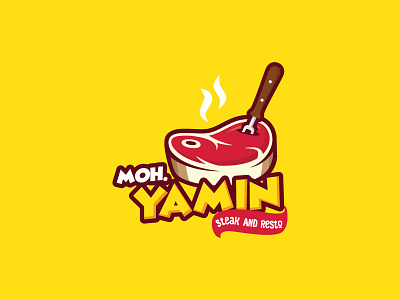 Moh Yamin Steak And Resto Logo beverage bold cartoon cheer food fun hot plate logo restaurant ribbon steak