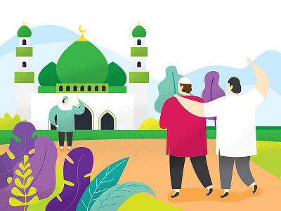 Meet Friend At Mosque cartoon character concept illustration landscape mosque muslim people ramadan religion
