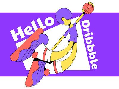 Hello Dribbble background ball basketball character dribbble hello icon illustration minimalism player sport vector