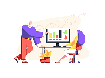 Business team working in office, interacting with charts analytics art behance boss business character charts design graphs illustration infographic marketing minimalism office people team teamwork vector work working