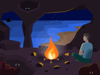 View of the beach from a rock with fire adobeillustrator beach campfire character cliff eye eyes fire hole illustration light night rock sand sea sky spark sparks stone summer