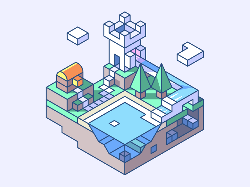 Towerfall 3d isometric land level game chest tower fall lake trees mine castle