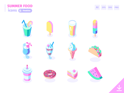12 Summer Food Icons - Freebies cocktails food free freebies ice cream icon set icons isometric summer summer food vector
