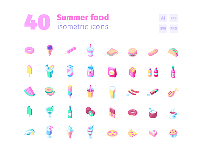 40 Summer Food Icons cocktails food fruits ice cream icon set icons isometric junkfood summer summer food vector