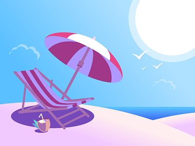 Deck Chair On Beach beach chair cocktail deck chair dune illustration ocean sand sky summer sun umbrella
