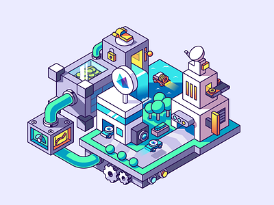Bitcoin services bitcoin city crypto cryptocurrency digital factory future illustration isometric krypto money monitoring pipes secure system
