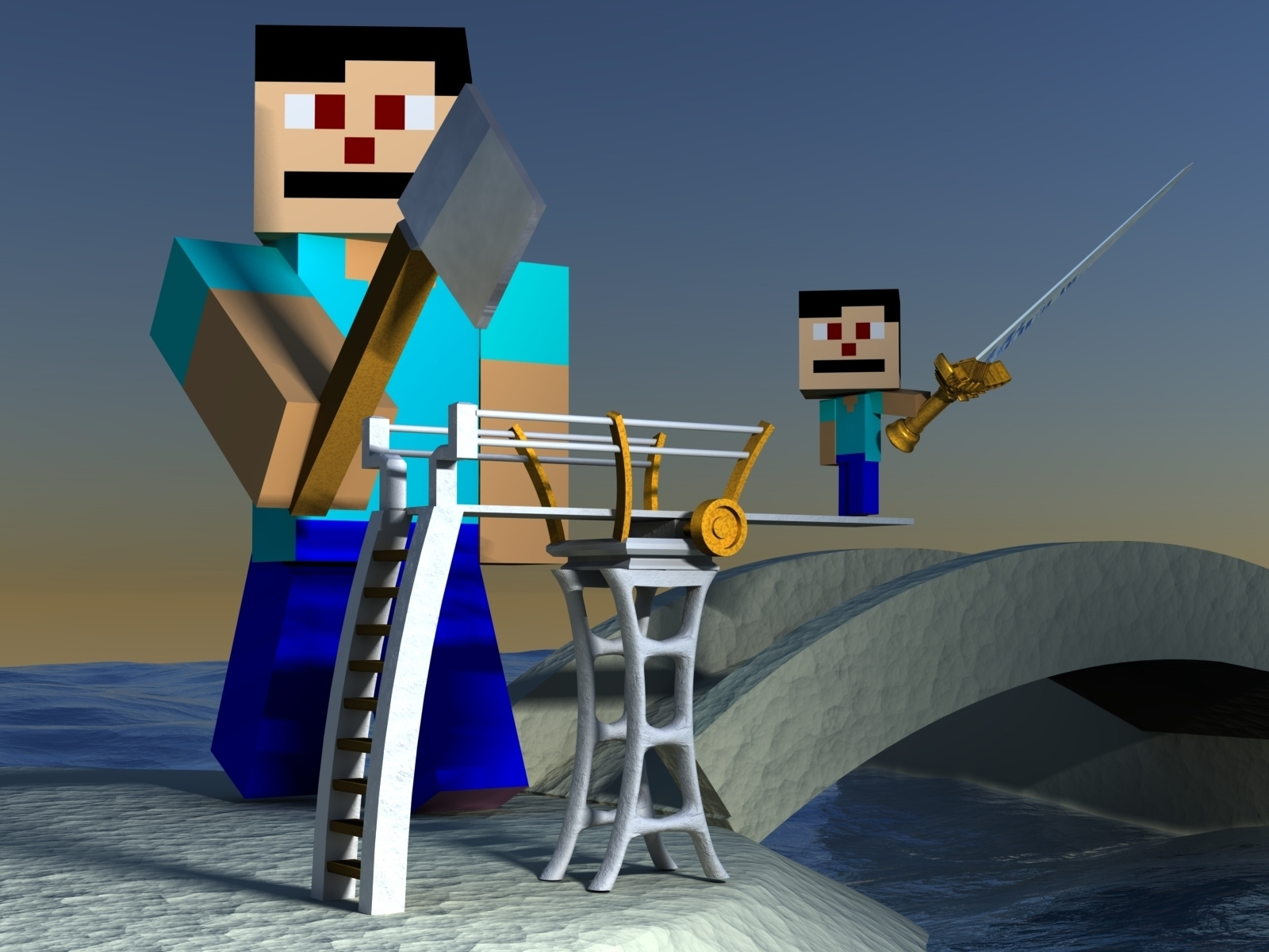 Minecraft + High Dive + Generic Sunset?? 3d 3d art 3d artist 3dmodeling amazing art axe concept design dive diving diving board high dive minecraft ocean render sand sword water weapon