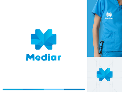 Mediar Logo blue brand identity branding communication design corporate corporate brand identity design identity logo logo grid logo variations logomark logotype mark marketing collateral medical medical care medical design medicine symbol