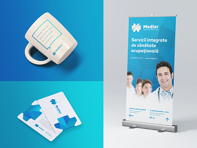 Mediar Marketing Collateral blue brand identity branding collateral collateral design corporate design corporate identity identity marketing medical brand identity medical care medical collateral medical design medical logo mug design rollup rollup design