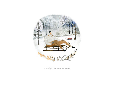 Finally! The snow is here! christmas composition design greeting hand painted illustration outdoor people season sleigh watercolor winter winter sports