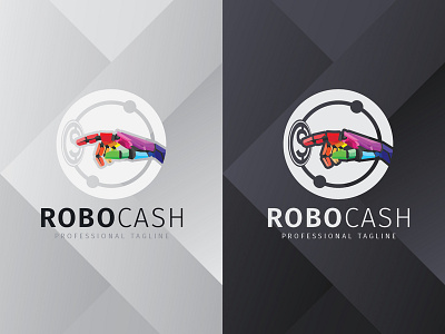 Robo Cash Logo app branding cash clean colorful design futuristic hand icon identity illustration logo mobile modern money polygonal robot tech technology vector