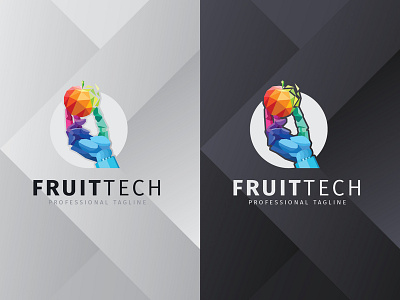 Fruit Tech Logo app blue brand branding colorful design fruits futuristic hand icon identity logo modern multicolor polygonal robo robot robotic vector web