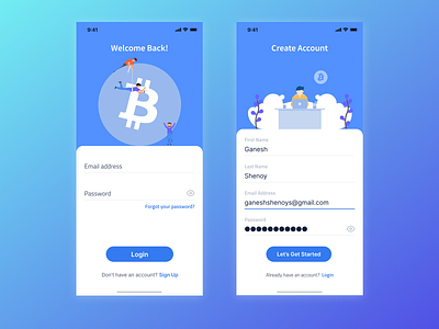 Login and sign up page bitcoin crypto design illustration login shopping app sign in signup ui