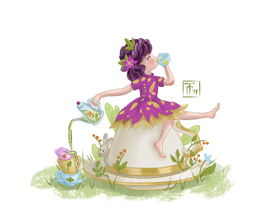 The princess of tea ceremonies bookillustration character design girl illustration post card raster tea