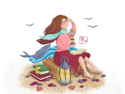 The lantern guardian princess bookillustration character design dream girl illustration post card raster see whale