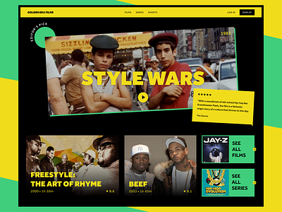 Golden Era Films vibrant landing page • Hip-hop doc streaming colorful design documentary feature film graphic design green hero section homepage landing page product streaming style ui vector vibrant vod yellow