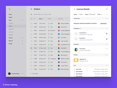 License Panel clean cleanui dark darkmode ecommerce ecommerce app ecommerce design license license keys minimal order orders table