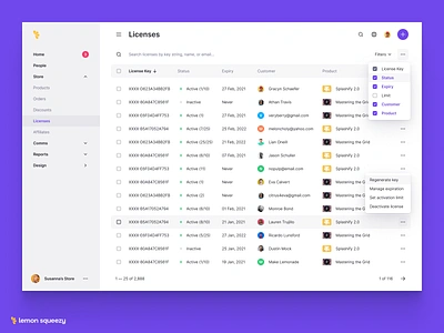 License Table clean cleanui dark darkmode ecommerce ecommerce app ecommerce design license license keys minimal table