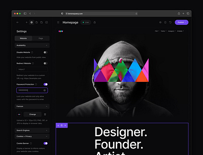 Editor ‣ Website Settings builder clean clean ui dark dark mode ecommerce ecommerce app elementor minimal page builder settings shopping shopping app site ui ux webflow website builder wix