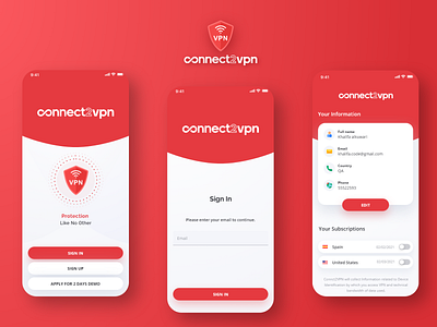 Connect2Vpn | Design and Development android design ios mobile app mobile ui treinetic ui vpn