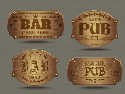 Wooden Pub Bar Signs Set adobe illustrator brand branding business design drawing icon logo logo design vector