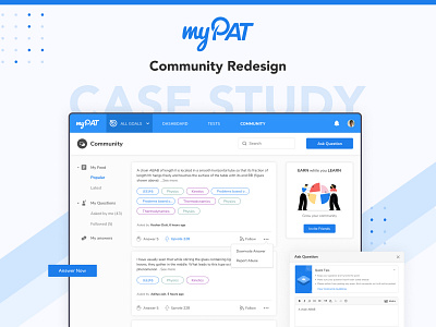 myPAT Community Redesign | Case Study asthetics case study clean design dashboard design design process doubt resolution doubt solving platform gradients illustration minimilist minimilistic persona personal personal branding research typography user research ux