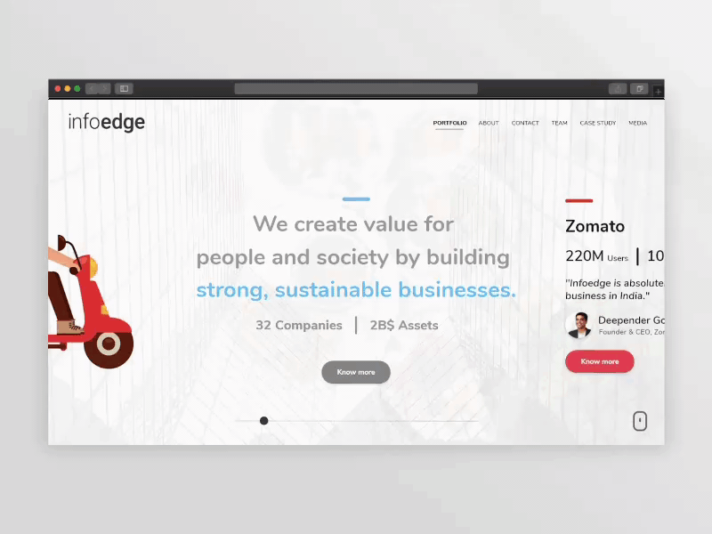 Infoedge Investor's portfolio website 99acres adobe analysis animations clean deiveryapp facebook flatdesign gradient illustrations infoedge invertor jeevansathi material microinteraction minimilistic policybazaar portfolio portfolio site zomato