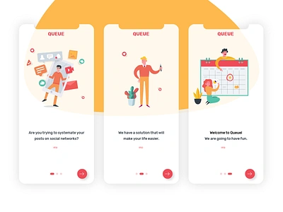 Onboarding pages for mobile app 023 app cards ui dailyinspiration dailyui dailyui023 digitaldesign flow illustration ios minimal mobile new user onboard queue screen social media ui vector webdesign