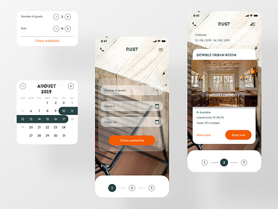 Hotel Booking app availability booking calendar check date datepicker guests hire hotel house interior luxury orange rooms rustic search search bar steps tips