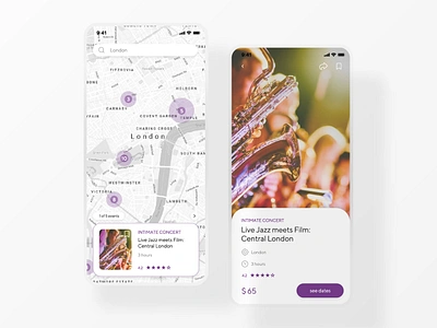 Event Listing card clean dailyinspiration dailyui dailyui070 digitaldesign find ios jazz listing map mobile pins purple rounded corners ui webdesign