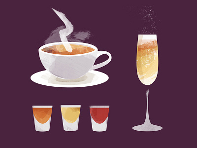 Shots Bubbly And Tea bourbon bubbly champagne cup drinks glass illustration shots tea teacup texture watercolor