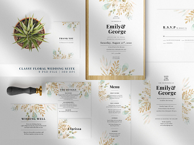 Classy Floral Wedding Suite anniversary bride delicate design diy elegant feminine floral gold groom invitation invitation card invitations invite minimal modern paper template wedding card wedding invitation