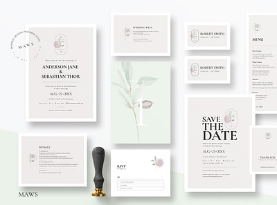 Modern Artistic Wedding Suite anniversary bride classy delicate diy elegant feminine floral foliage grey groom invitation invitations invite minimal minimalist modern pitch wedding card wedding invitation