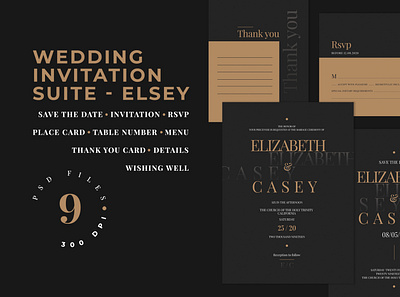 Wedding Invitation Suite - ELSEY black card classy delicate design diy elegant feminine gold invitation invitation card invitation design invitations invite luxury minimal modern royal wedding card wedding invitation