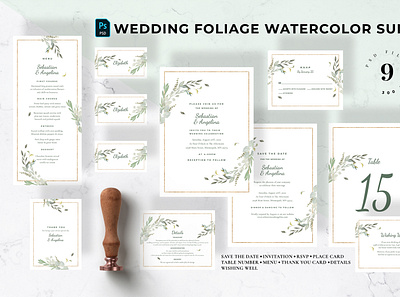 Wedding Foliage Watercolor Suite anniversary bridal diy elegant feminine floral foliage greeting greeting card invitation invitation set invitations invite leaf minimal modern watercolor wedding card wedding invitation wedding set