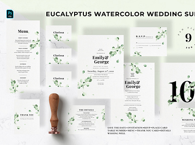 Eucalyptus Watercolor Wedding Suite classy custom invitation delicate diy elgant eucalyptus feminine floral greenery invite leaf minimal modern watercolor wedding card wedding design wedding eucalyptus wedding invitation wedding invite wreath