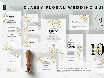 Classy Floral Wedding Suite anniversary card design classy diy eucalyptus feminine floral invitation invitation card invitation design invitation set invitations invite leaf leaves minimal modern royal wedding card wedding invitation