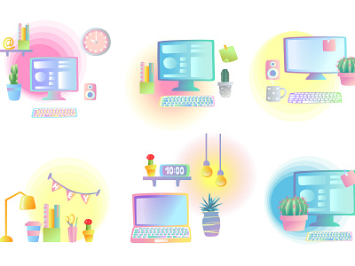 Workspaces. background computer cute design gradient illustration laptop office shape stylish vector workplace workspace