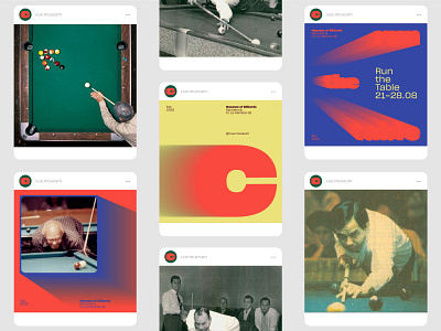 Cue museum brand identity billiards instagram posts pool table shoot typographic identities