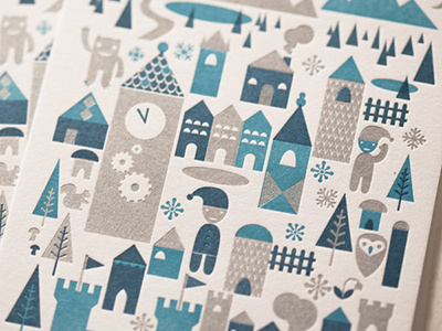 Castle village illustration letterpress