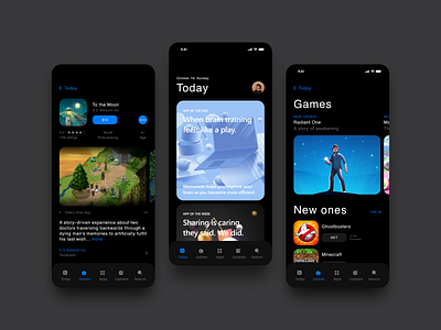 iOS AppStore Redesign Dark-mode apple design design human interface ios ios app design minimal minimalistic product design user experience user interface ux