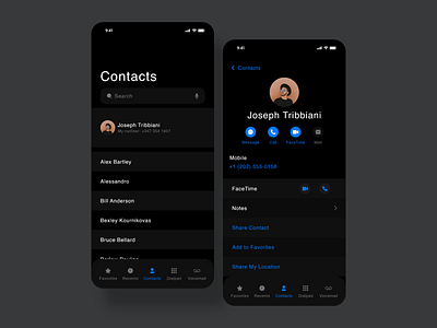 iOS Contacts Redesign Dark-mode adobe xd app apple clean concept flat flat design interface ios ios app ios app design minimal mobile redesign ui ui design ux ux design