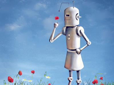 Robot Girl in wildflower field middle grade children book illustration bookcover roboto wildflower field robot robotic