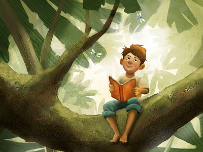 Child reading in the forest