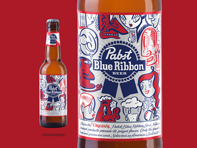 Pabst Blue Ribbon Bottle Art art beer beer bottle beer branding cartoon characters design illustration typography